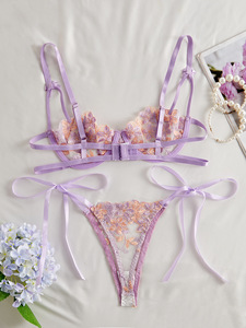 Wholesale Floral Embroidery Lace Lingerie <b>Set</b> <b>Sexy</b> Sheer Mesh Underwire Bra and Tie Side Thong <b>Set</b> 2 Piece <b>Sexy</b> Bra <b>Set</b> OEM ODM - Product Image 3