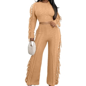 Nouvel ensemble 2 pièces pour femme, pull en tricot uni à manches longues et col rond, pantalon à franges, automne/hiver, tendance - Product Image 1