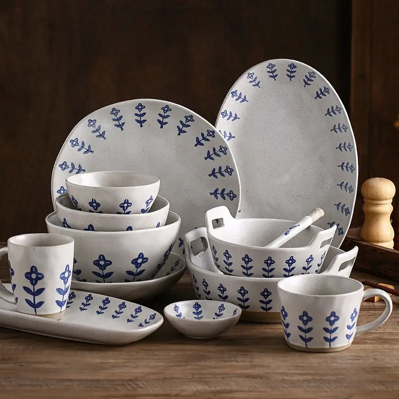 Set peralatan makan keramik, Set cangkir air piring Salad mangkuk sup nasi peralatan makan cat tangan tembikar, Set piring makan keramik