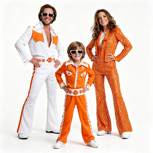 Ensemble de costumes assortis pour la famille, orange, style Elvis Presley, rétro années 70, combinaison évasée pour hommes, femmes et enfants - Product Image 1