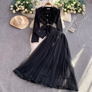 Women's 2 Two-Piece Too Suit & Tulle Mesh Skirt <b>Set</b> Rhinestone Embellished <b>Tie</b>-Waist Party Outfit Fashion - Product Image 1