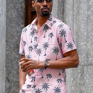 <b>Men's</b> Short Sleeve Stand Collar Tropical Floral Print Causal Tshirt Custom Logo ODM Breathable <b>Silk</b> Screen Printed <b>Shirt</b> - Product Image 1