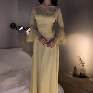 فساتين سهرة ضيقة بقصة Slim من الشيفون باللون الأصفر الخدود لعام 2025، فساتين حفلات نسائية مزينة بالترتر وبأكمام منتفخة - Product Image 2