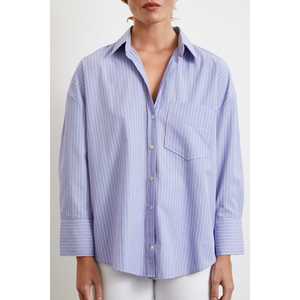 เสื้อเชิ้ตโอเวอร์ไซส์ลายทางสีน้ำเงินสำหรับผู้หญิง สไตล์ลำลอง ติดกระดุม ผ้าป๊อปลิน - Product Image 3