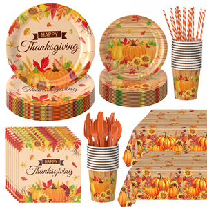 New Arrival Rustic Thanksgiving Disposable Tableware Set Paper Plates Napkins <b>Cups</b> Harvest <b>Pumpkin</b> Design Party Supplies - Product Image 1