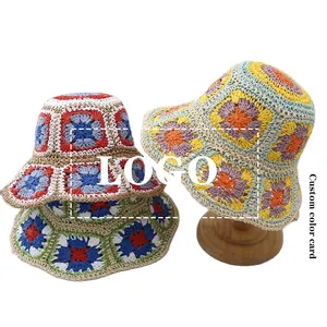 20 colors bohemian handmade flower sun straw bucket hat breathable foldable wide brim summer beach paper crochet hats For women