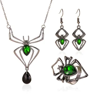 3 шт. креативный дизайн, новые модные смешные наборы ювелирных украшений с зеленым кристаллом и драгоценным камнем в виде паука