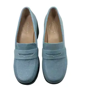 Denim sepatu wanita bentuk datar, sepatu hak tinggi, sepatu PU sol luar, sepatu pesta gaya OEM, sepatu Chunky Universe musim gugur