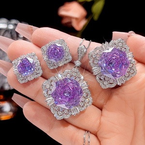 New Arrival Eco-friendly Copper 16-10mm Violet Floral Zircon Pendant <b>Earrings</b> Ring Jewelry Sets for Trendy Contemporary Style - Product Image 3