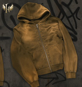 Sweat à capuche personnalisé lourd 480 g/m² vierge uni lavé à l'acide délavé au soleil avec rivets en métal et strass zippé pour hommes - Product Image 1