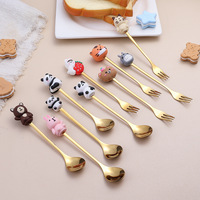 Cuillère à Dessert en acier inoxydable, Fruit de dessin animé mignon forme d'animal décoration café cuillère à glace fourchette à fruits couverts en métal ensemble