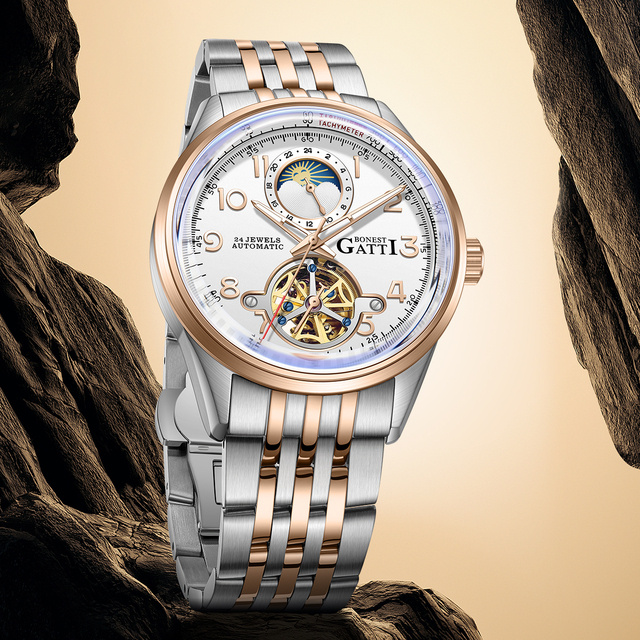 Bonest Gatti Men Automatic Mechanical Watch 316L Stainless Steel Sapphire Glass 5ATM Waterproof Steel Strap Wristwatch BG5808