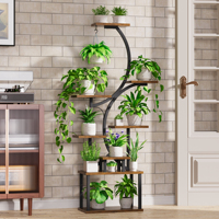 Support à plantes incurvé à 10 niveaux, tubes de 0,85 mm d'épaisseur, support à fleurs haut en bois et métal résistant à l'eau pour salon et balcon