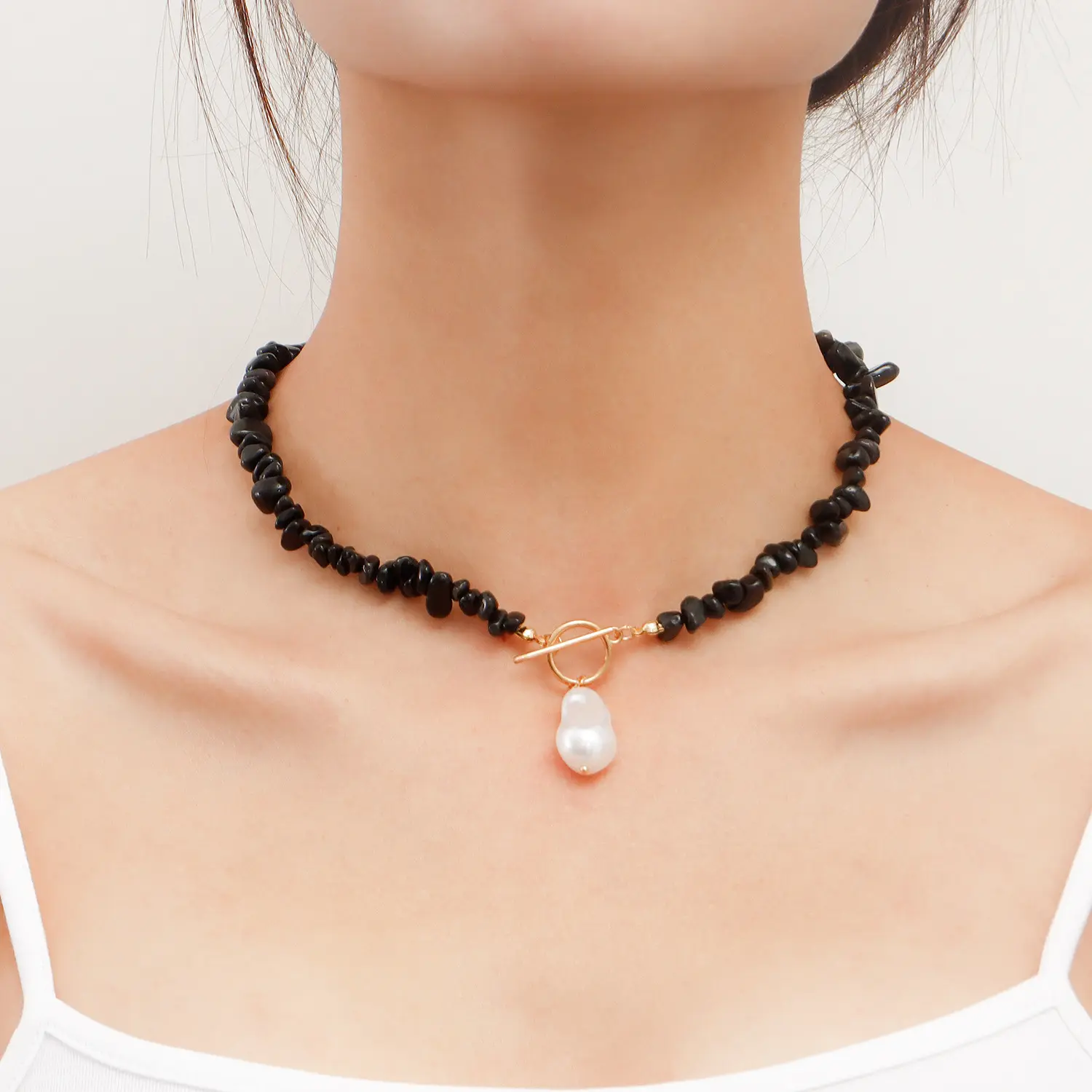 Atacado gemstone jóias pedra natural preto obsidiana pérola OT colar para as mulheres