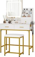 Table de toilette moderne blanche miroir rectangulaire éclairé bureau de maquillage compact rangement ouvert support de sèche-cheveux tabouret rembourré