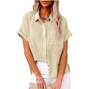 <span class=keywords><strong>Camisa</strong></span> de manga corta de <span class=keywords><strong>lino</strong></span> y algodón para <span class=keywords><strong>mujer</strong></span> de verano 2025 EBay cuello vuelto botón estilo Casual patrón sólido - Product Image 2