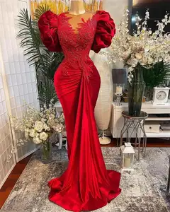 Plus Size arabo lusso Dubai moda rosso elegante sirena pizzo Applique perline collo trasparente velluto formale partito indossare abito da sera