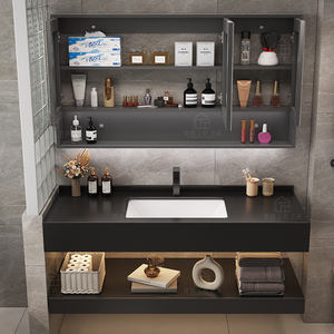 Light Luxury Black Bathroom Vanity Unit with LED Lights Smart Honeycomb Mirror Ceramic Basin MDF Wall-Mounted <b>Display</b> Shelf - Product Image 1