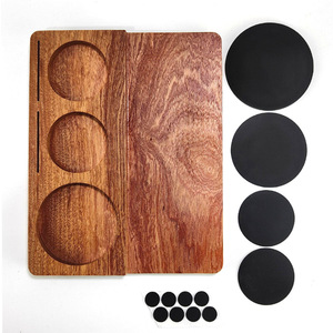 Plateau à café en bois massif à trois trous avec sous-verres pour servir le thé et les boissons - Product Image 1