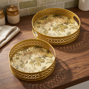 Floral Pattern <b>Round</b> <b>Serving</b> <b>Trays</b> With Handles Polished Metal Finish Residential Use - Product Image 4