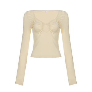 Top Sexy de Manga Larga con Cuello en V Profundo y Detalle Recortado, Camiseta Corta Ajustada de Color Sólido para Mujer - Product Image 6
