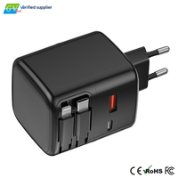 Bloc chargeur mural GaN PD 3.0 35W à charge rapide avec câble Type-C rétractable double, 3 ports Type-C + 1 port USB-A, pliable, prise US