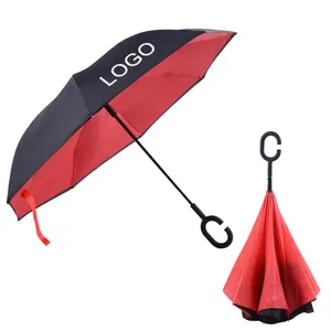 Parapluie coupe-vent inversé inversé à l'envers avec poignée en forme de C Parapluie de pluie à double couche pour hommes et femmes