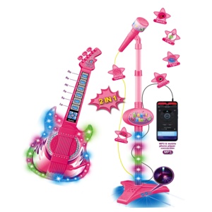 Guitarra Y Micrófono 2 En 1 Para Niños Con Soporte Ajustable - Juguete Musical Con Luces Y Sonidos Para Aprender