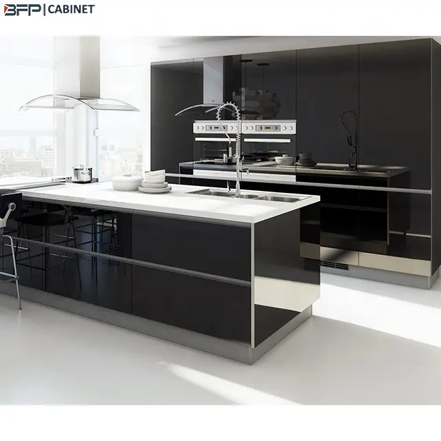Apartment Black High Gloss Lacquer Kitchen Cabinet Design Furniture Modern