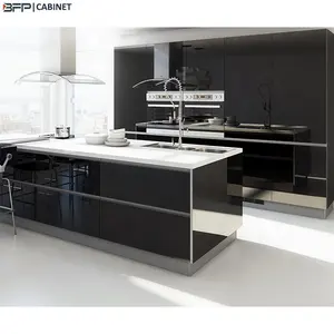 公寓黑色高光泽清漆厨柜设计家具的现代化