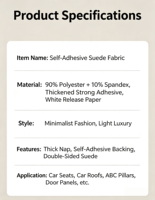 Tissu en suède auto-adhésif 300 g/m², 95 % polyester, 5 % élasthanne, non pelucheux, à poils réversibles, pour la modification intérieure automobile