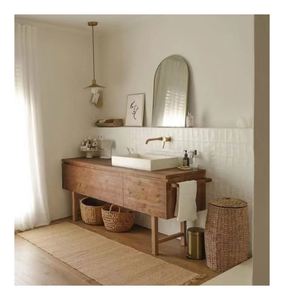 Mueble de Baño Moderno de Madera Maciza Estilo Wabi-Sabi Personalizado con Espejo Inteligente - Product Image 1