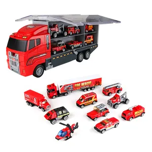 Các catapult đường sắt Xe Container xe tải đồ chơi trò chơi với xe cứu hỏa kim loại cho trẻ em trai