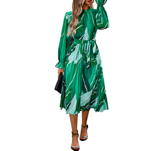 Autunno/inverno abbigliamento donna vacanza abito stampato Casual girocollo abito lungo - Product Image 1