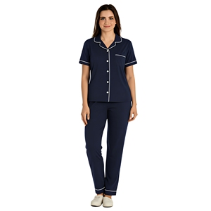 Conjunto de Pijama de 2 Piezas para Mujer, Color Azul Marino, Manga Corta, Cuello en V, Tejido de Algodón Suave, Estilo Clásico Informal para Primavera - Product Image 1