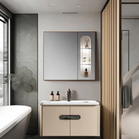 Ensemble meuble de salle de bain minimaliste moderne en acier au carbone Bassin en céramique haute température Miroir de courtoisie suspendu Vanités faciles à nettoyer
