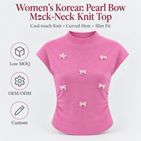 Pull court en maille pour femme, style coréen, avec nœud en perles, manches courtes, ourlet incurvé, coupe ajustée, froncé sur les côtés, vente en gros OEM ODM