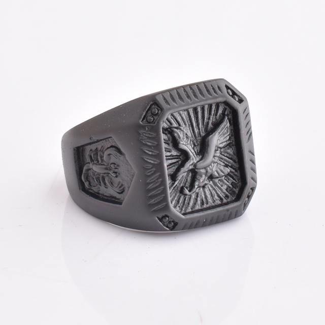 Factory Prices Men's Retro Solid Glossy Square Black Silver Large Stainless Steel Rings Eagles Ring