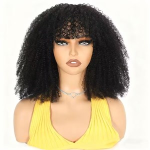 Parrucca Afro Riccia con Frangia all'Ingrosso, Alta Densità, Senza Pizzo, Capelli Umani Vergini, Taglio <span class=keywords><strong>Bob</strong></span> Corto, Colore Naturale - Product Image 3