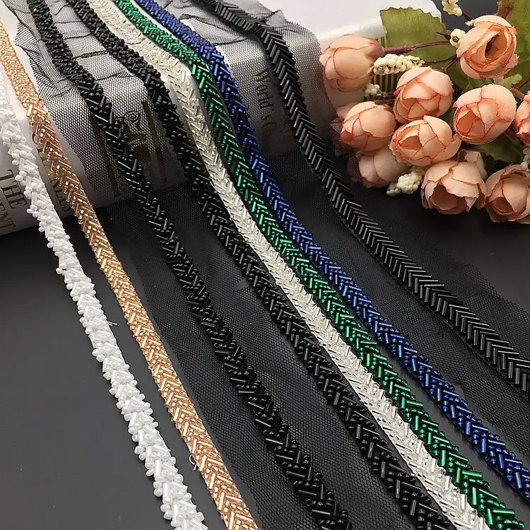 Lace Trim Beaded Wholesale Pearl Beaded Mesh Ribbon Fabric Clothes Decoration Lace Trim