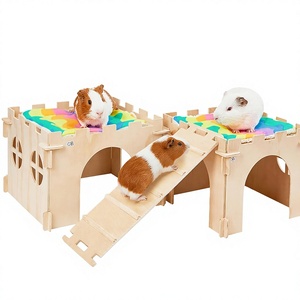 ZJH Lot de <span class=keywords><strong>2</strong></span> niches rustiques en bois de pin pour cochon d'Inde et lapin, avec escaliers et tapis doux pour furets, chinchillas et petits animaux - Product Image 1