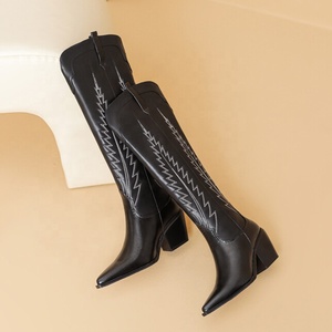 Large Size 46 Western Style Embroidery Shoes Women Cowboy Knee High <b>Boots</b> Chunky Wedge Heels Pointy Toe Wide Feet - Product Image 5