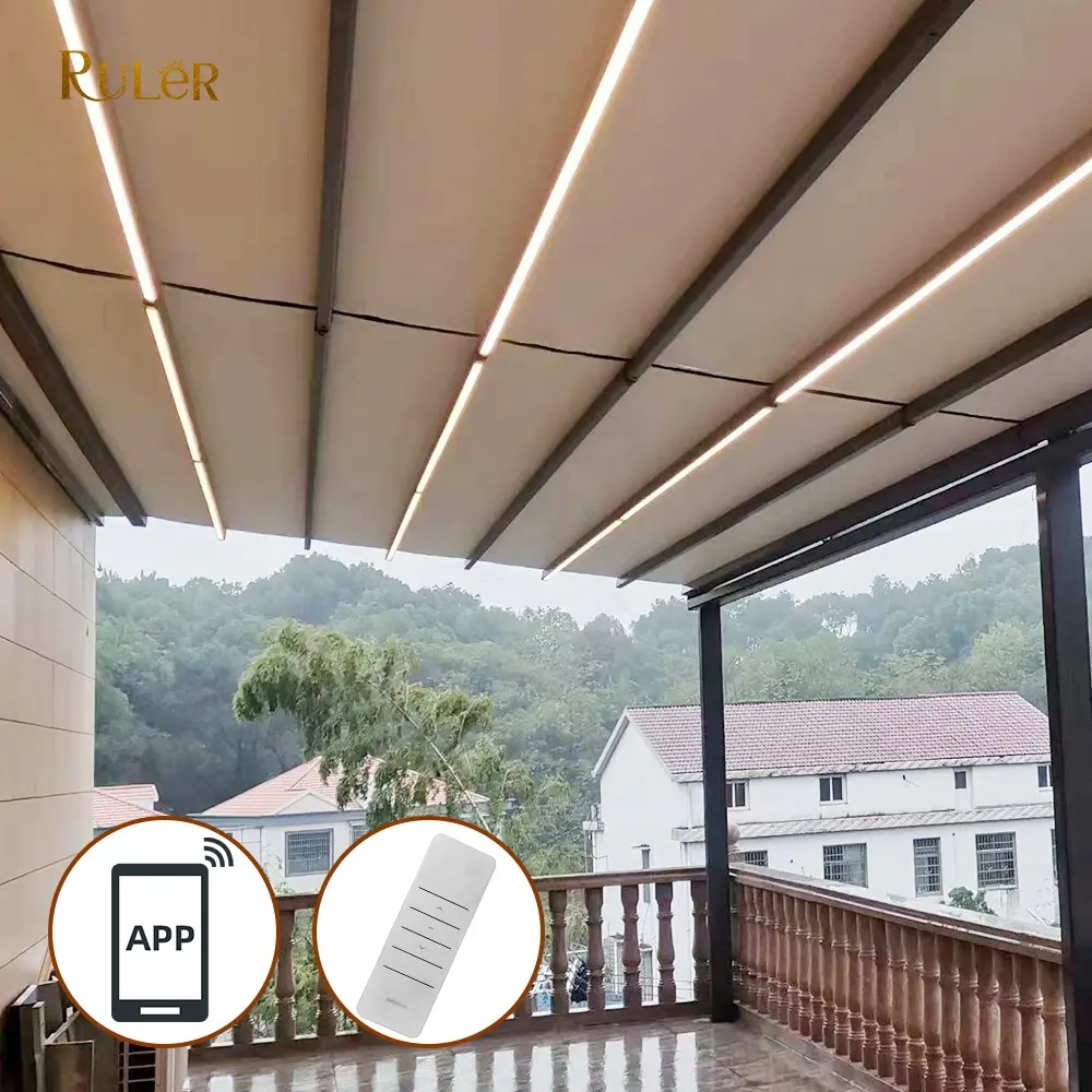 Pérgola de Techo Retráctil eléctrica para exteriores, armazón ajustable de aluminio, motorizado, OEM