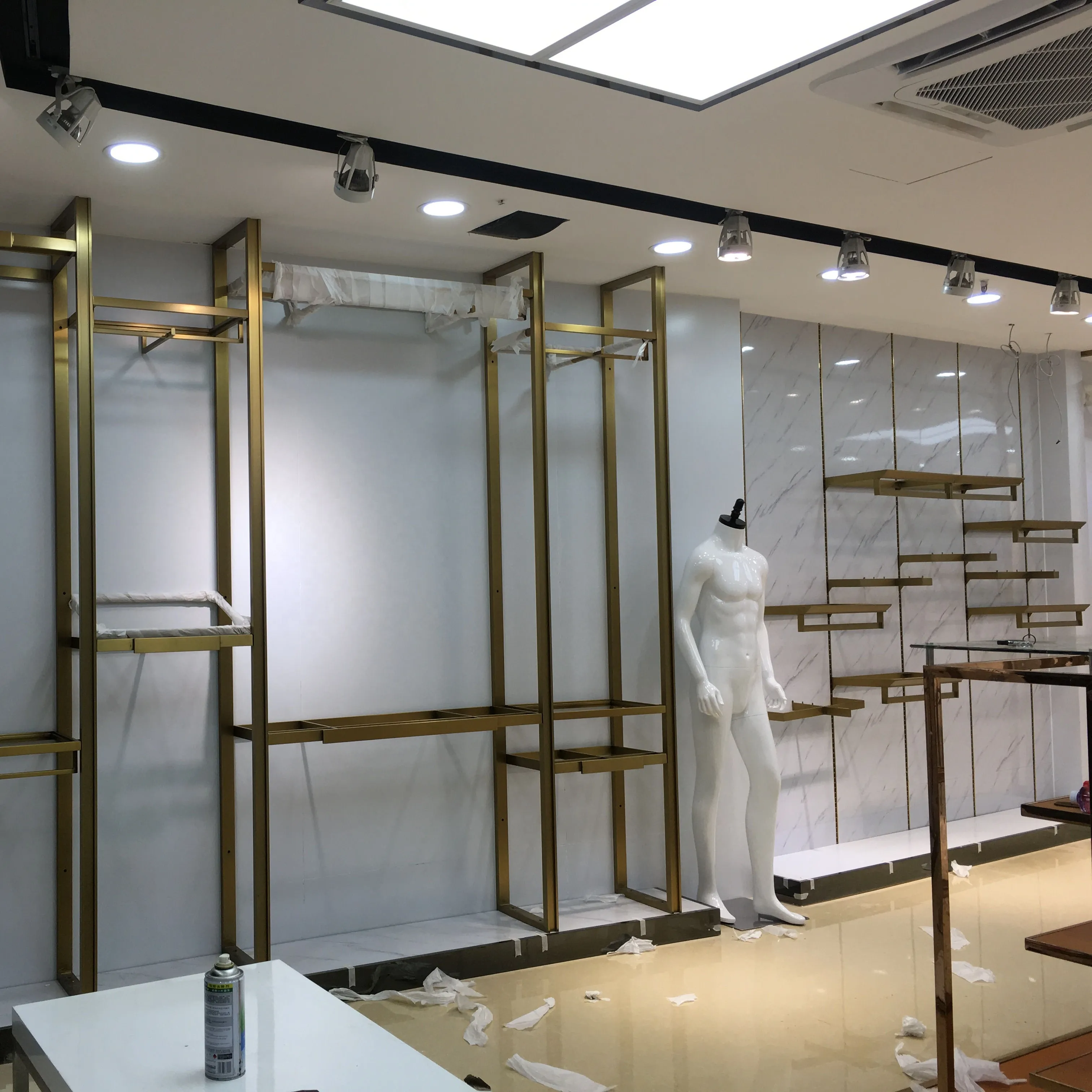 High End Clothing Store Clothing Store Stainless Steel Shiny Gold Men And Women Clothes Display Stand