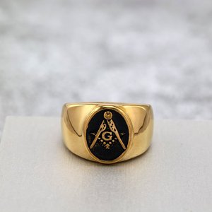 Anillo Masónico yúnique Ag Negro Brillante con Detalles en Oro, Joyería Geométrica Hip Hop para Hombre, Regalo - Product Image 3