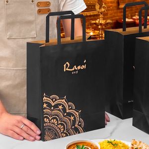 Custom Printed Biodegradable Eco-Friendly Black Kraft Paper <b>Bags</b> for Indian Takeaway Restaurants with Handles - Product Image 1