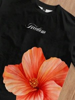 T-shirt pour homme à imprimé floral noir, manches courtes, col rond, décontracté, 100% coton, imprimé numérique, tissu jersey respirant