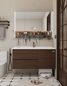 Vintage ceramic integrated basin intelligent lighting <b>mirror</b> <b>walnut</b> wall mounted bathroom cabinet - Product Image 1