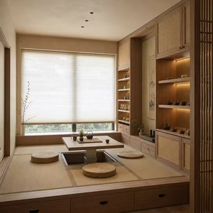 Sistema per Stanza Tatami Japandi Personalizzato, Letto Tatami con <span class=keywords><strong>Tavolo</strong></span> Sollevabile e Armadio in <span class=keywords><strong>Rattan</strong></span>, Scaffale con Display LED per Sala da Tè - Product Image 1