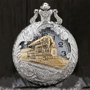 Trendy and fashionable retro locomotive pattern pocket watch for men and women, necklace, flip top pocket watch, watch